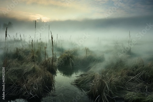 Mysterious fog veils magical marsh. Illusory landscape. Generative AI photo