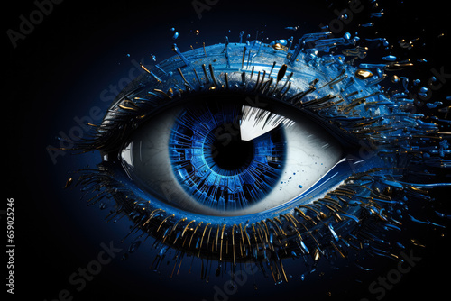 Bright blue and azure lines scatter after blast forming volumetric human blue eye model 