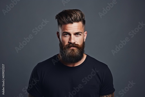 Handsome man with an undercut hairstyle and beard studio portrait, simple dark background. AI generated photo