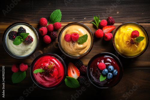 Fruit puddings with fresh fruits in glasses on a dark wooden background, top view