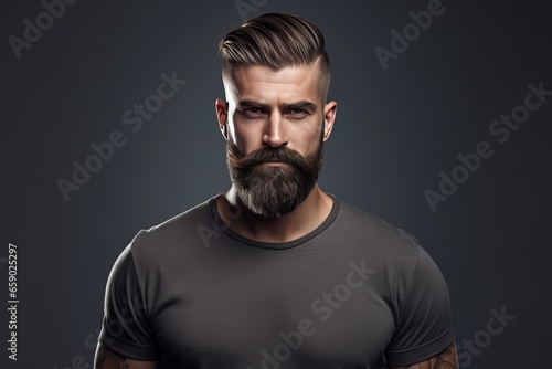 Handsome man with an undercut hairstyle and beard studio portrait, simple dark background. AI generated