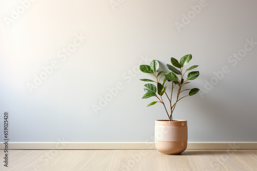An empty room with a wooden floor and a potted plant 