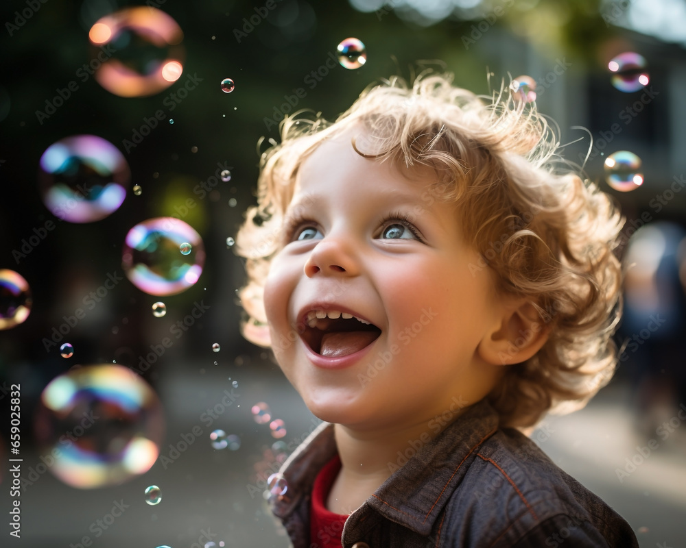 Childhood's Simple Pleasures: Young Boy Lost in the Awe & Amazement of Bubble Play - Gleeful Laughter & Fun with Shimmering Bubbles. Generative AI.
