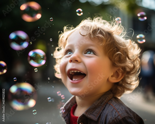 Childhood s Simple Pleasures  Young Boy Lost in the Awe   Amazement of Bubble Play - Gleeful Laughter   Fun with Shimmering Bubbles. Generative AI.