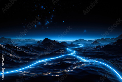 Lines of glowing blue traverse a night mountain backdrop 