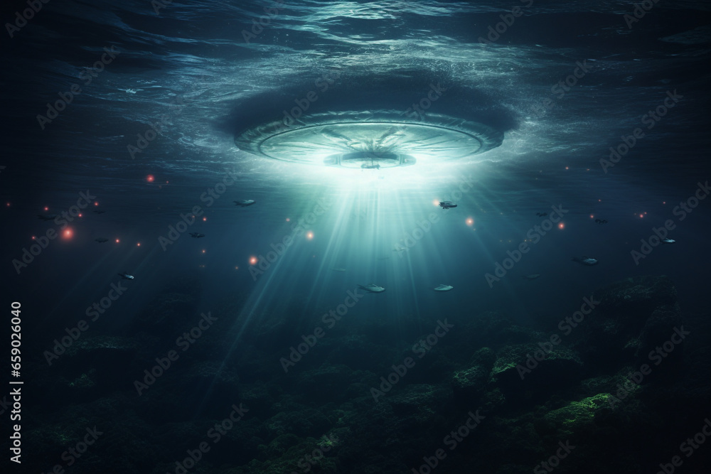 Sci-fi and fantasy concept. UFO and extraterrestrial ship swimming in bottom of the ocean. Alien spacecraft flying underwater. Generative AI