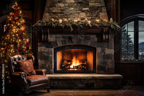 A festively adorned Christmas tree illuminates the fireplace with lights 