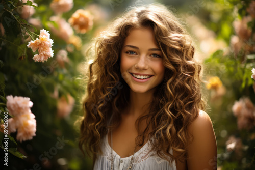 Gorgeous girl smiling in a summer garden radiating beauty blissfully 