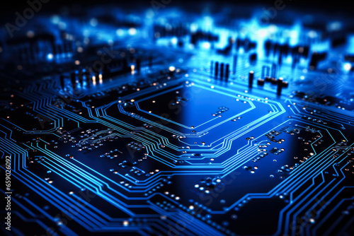 Blue circuit board background resembling electronic components in a computer 