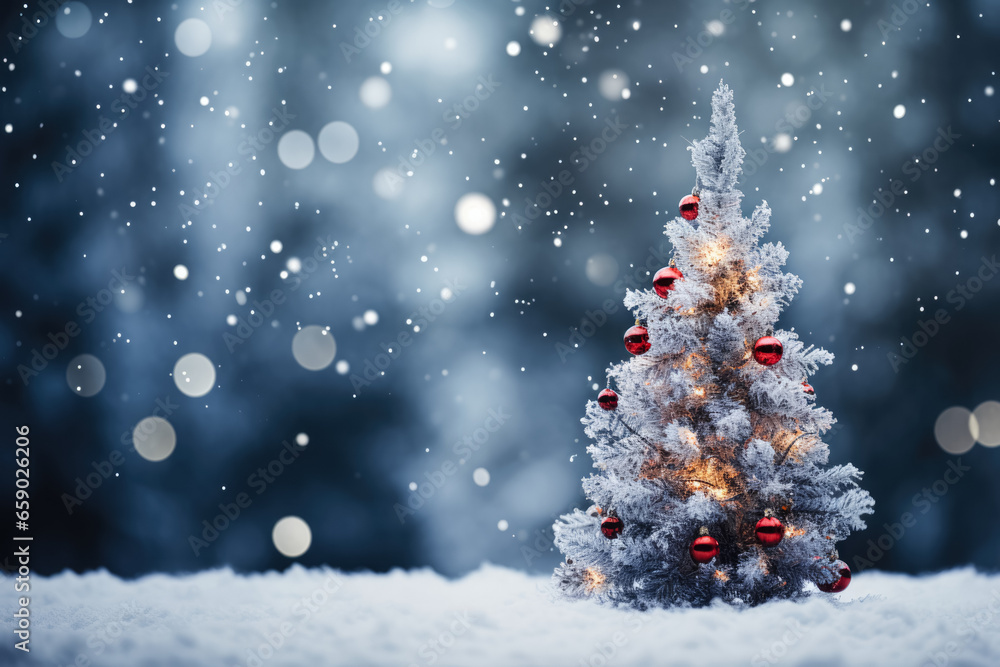 Festive outdoor Christmas tree with snow bokeh lights and falling snow creating a joyful holiday ambiance 
