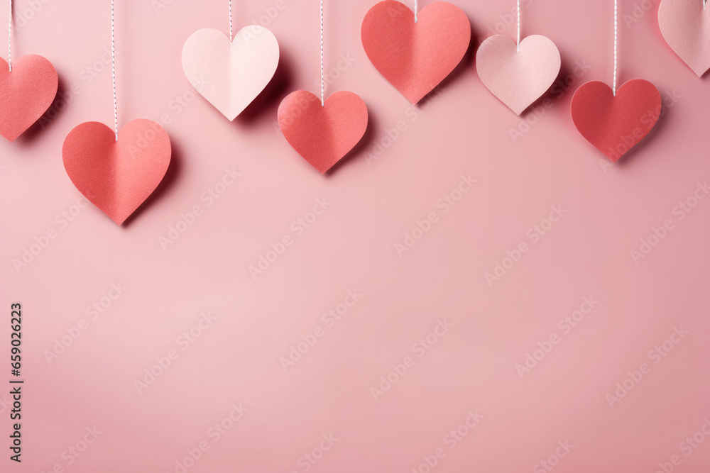 Romantic Valentines Day composition with hanging paper heart decorations 