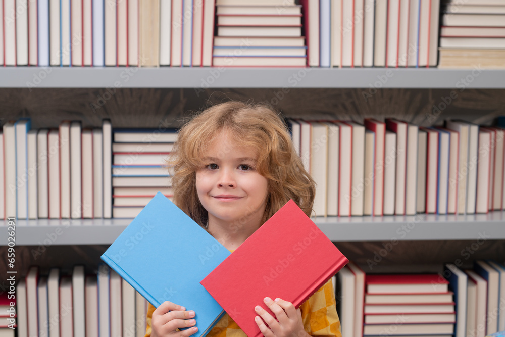 School pupil with pile of books. Children enjoying book story in school library. School pupil with pile of books. Children enjoying book story in school library.