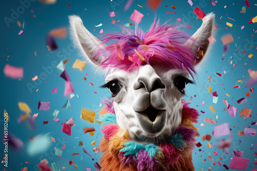 Jolly llama happily wears a hat surrounded by flying confetti 
