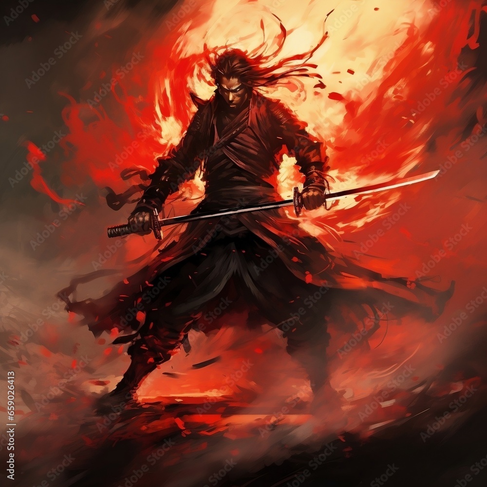 A samurai in a demonic red mask on the battlefield makes a swing with a katana creating a sizzling fire around. 