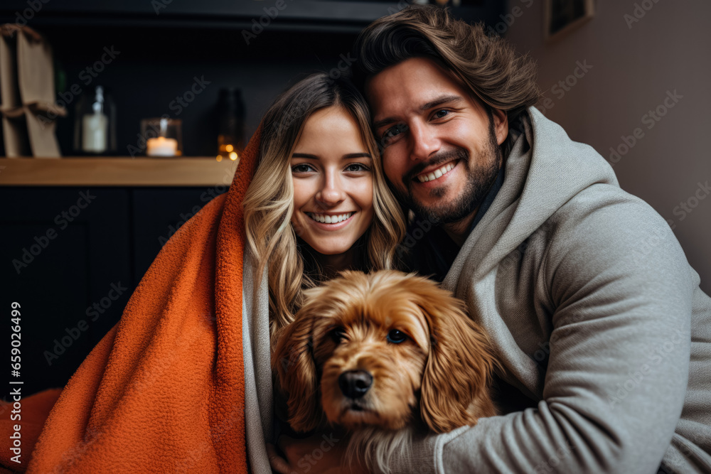 Relaxed couple enjoys home life with their loving dog and laptop 