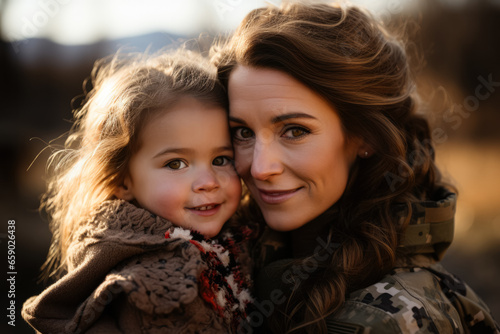 Active duty military mom's neck lovingly hugged by little girl's hands 