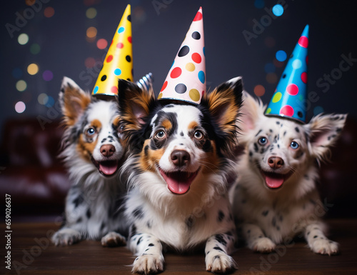 Festive Pets, New Year's Celebration with Hats, Confetti, and Balloons