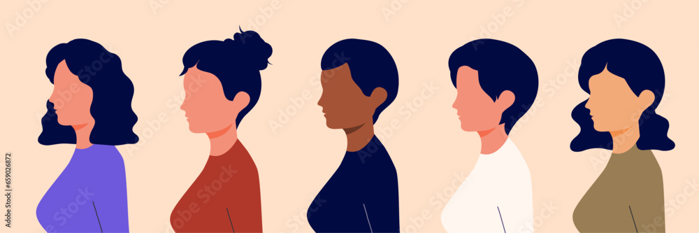 Set of girl in flat style. women. Girls. Beauty and fashion. Care. Hairstyles. Isolated. White background. Vector illustration. Character. People. Women's Day. Power