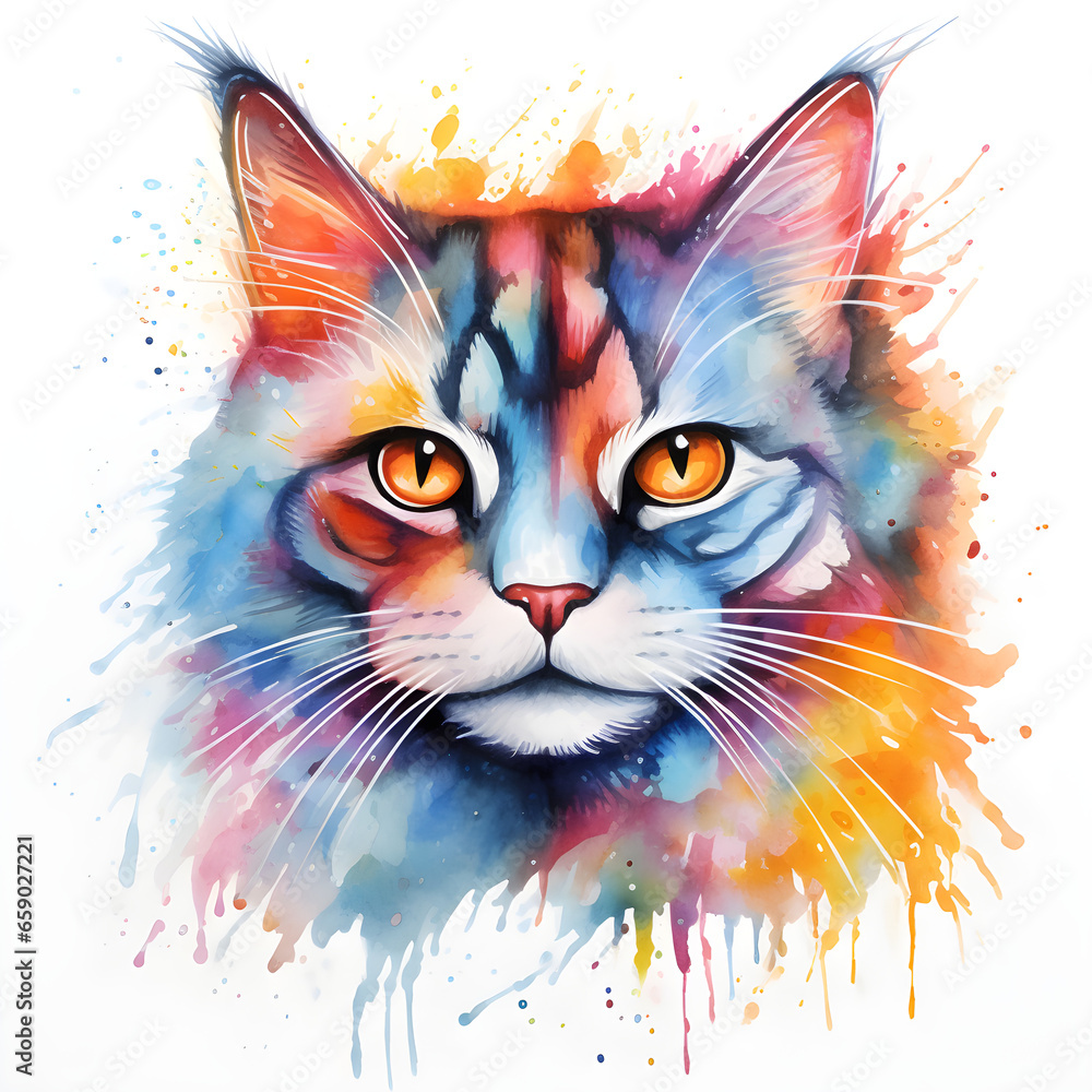 Cat on a white background, watercolor illustration.
