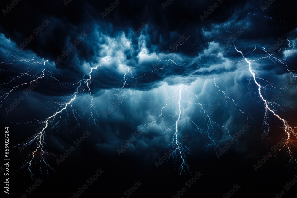 Striking lightning effect illuminating a dramatic black background with intensity  - obrazy, fototapety, plakaty 