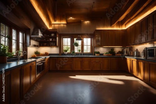 American style all wooden kitchen interior .