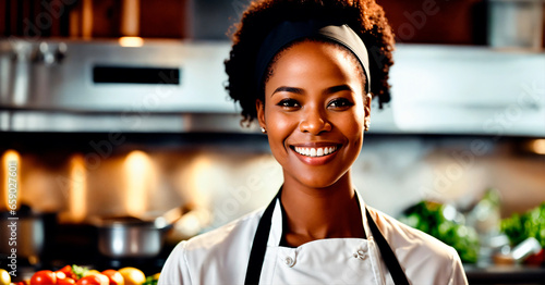 Beautiful young African American Cheff in the kitcken. Woman at work. Banner format. photo