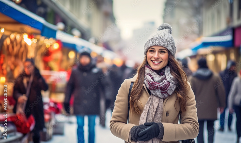 stylish attractive young smiling woman walking in street in winter outfit wearing checkered coat, white knitted hat and scarf, happy mood, fashion style trend copy space