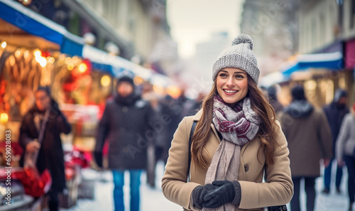 stylish attractive young smiling woman walking in street in winter outfit wearing checkered coat, white knitted hat and scarf, happy mood, fashion style trend copy space