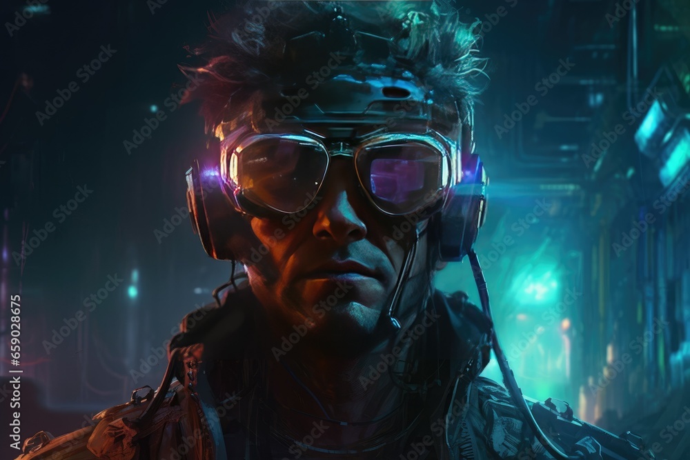 Cyberpunk man with headphones and goggles. Cyberpunk man with headphones and goggles.