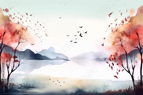 abstract watercolor painting nature landscape wallpaper with forest trees, mountains, water river, and flying birds
