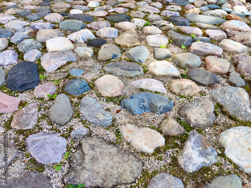Gray paving stones. Graystone road surface, cobbled road, cobble background. Texture old stone pavement in the city. Small plants grows in some places between the cobblestones. Texture background