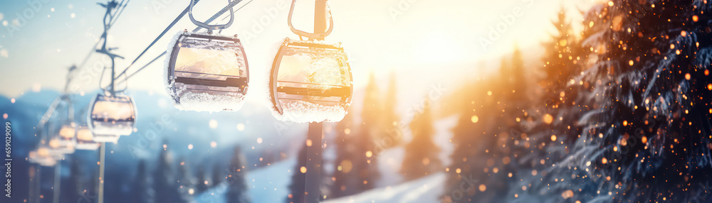 Empty Cabin of ski lift over snow capped mountain and forest. Ski or skiing background. Beautiful nature landscape. Panorama view. Winter vacation, resort. Generative ai - obrazy, fototapety, plakaty 