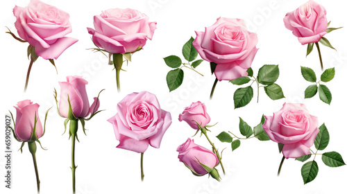set / collection of beautiful pink roses, flowers, buds and leaf, isolated over a transparent background, cut-out floral, perfume / essential oil or garden design elements, top view / flat lay, PNG