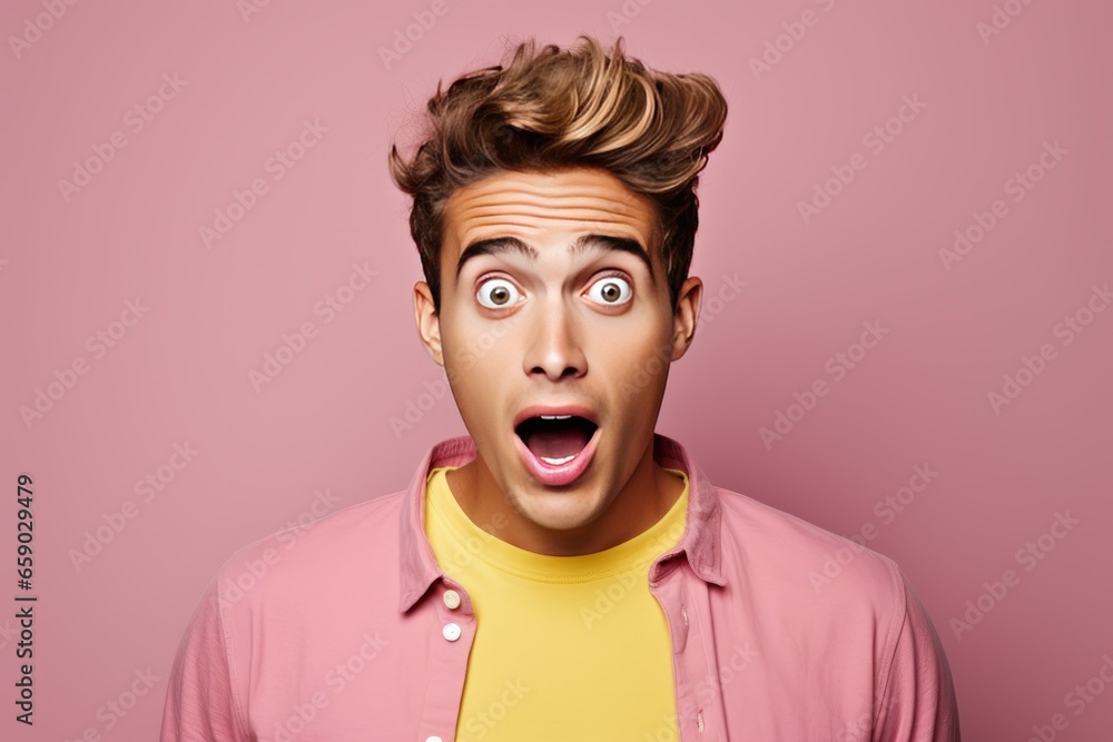 Surprised young man studio portrait, bright color background. AI generated - obrazy, fototapety, plakaty 