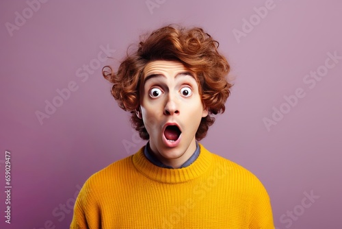 Surprised young man studio portrait, bright color background. AI generated