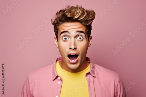 Surprised young man studio portrait, bright color background. AI generated photo