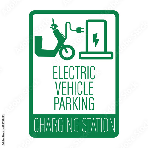 Isolated sticker label design of green rectangle electric vehicle charging station for e bike motorcycle parking with illustration motor cable and electrical plug