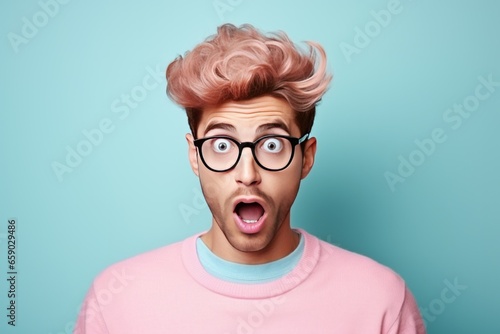 Surprised young man in glasses studio portrait, bright color background. AI generated © tiena