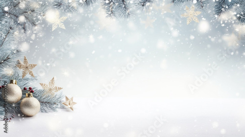 Foto stockphoto, festive celebrate christmas eve background concept banner of xmas decorate ball and snow flake christmas tree white colour scheme mock up template seasonal design