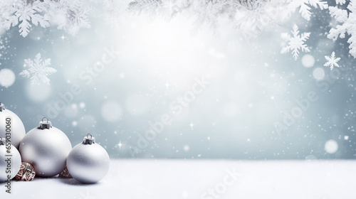 stockphoto, festive celebrate christmas eve background concept banner of xmas decorate ball and snow flake christmas tree white colour scheme mock up template seasonal design. Design for christmas car