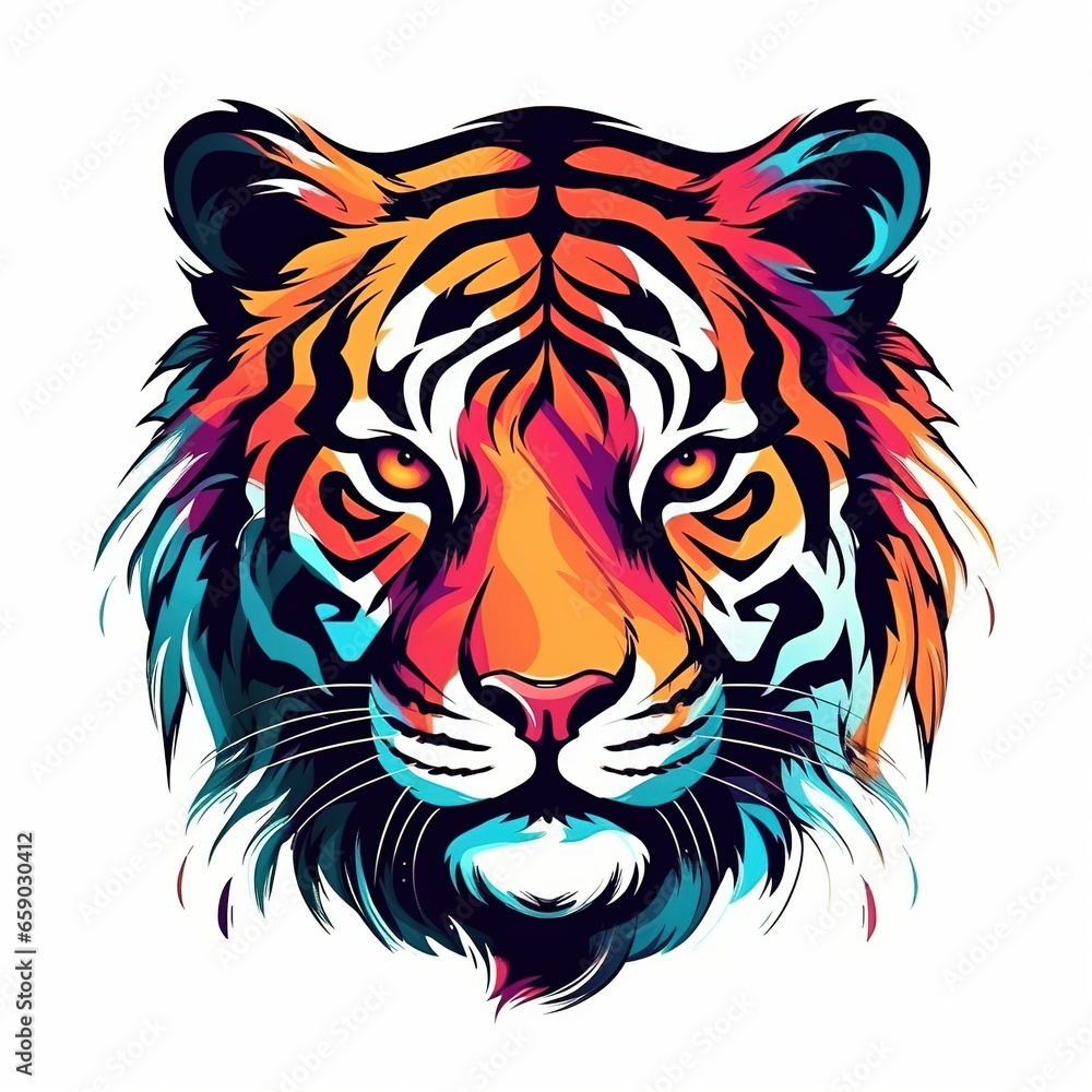  A vibrant color minimalist illustration art tiger head logo for t-shirt designs isolated on a white background.