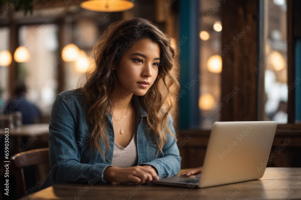 A young woman, engrossed in her laptop, sits at a rustic wooden table in a cozy café. Created with generative AI