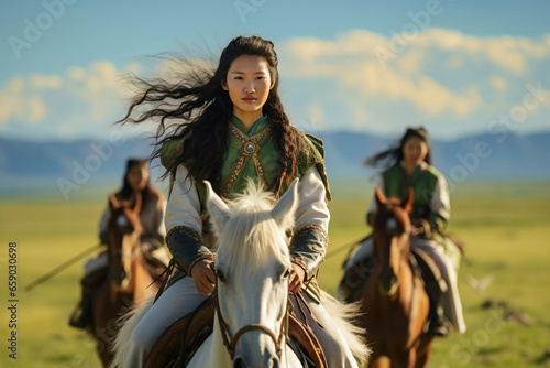 Genghis Khan and his Family Ancient Mongolian Girl Woman Riding Horses Mongol Empire Asian Conqueror China Yuan Dynasty Grassland Nomads Castle War App Online Games TV Drama Movie Wuxia Jin Yong	 photo