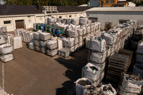 Drone photography of recycling place and storage of recycled material of plastic and metal