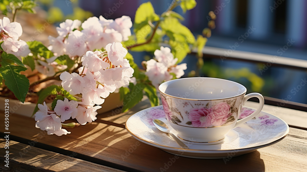 Morning Serenity: Coffee Amidst Blooming Flowers with a Scenic View Morning Serenity: Coffee Amidst Blooming Flowers with a Scenic View