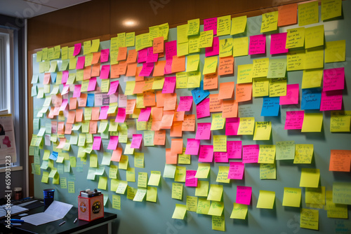 Business concept. Bunch of colorful note or post-its stickers on wall. Generative AI