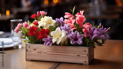 Photo of a colourful arrangement of flowers in a rustic wooden box on a tabletop created with Generative AI technology