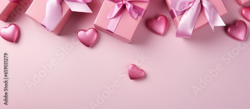 Holiday background with pink gifts and presents tied with rosy ribbon on pink heart shaped patterned background including Valentine s Day Women s Day and Mother s Day