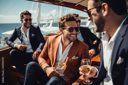 People and lifestyles concept. Beautiful and rich young men and women in luxury party on yacht. Multicultural young adult friends celebrating during summer time. Generative AI photo