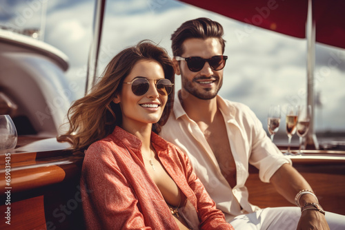 People and lifestyles concept. Beautiful and rich young men and women in luxury party on yacht. Multicultural young adult friends celebrating during summer time. Generative AI